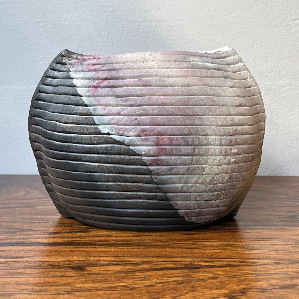 Ceramic Clay Vase Abstract Shape Handmade Black Gray Pink Author's Initials